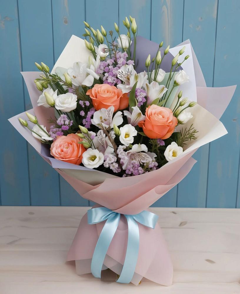 Букет цветов из: Лизиантусы, Розы, Альстромерии и Гипсофила в Тлюстенхабль