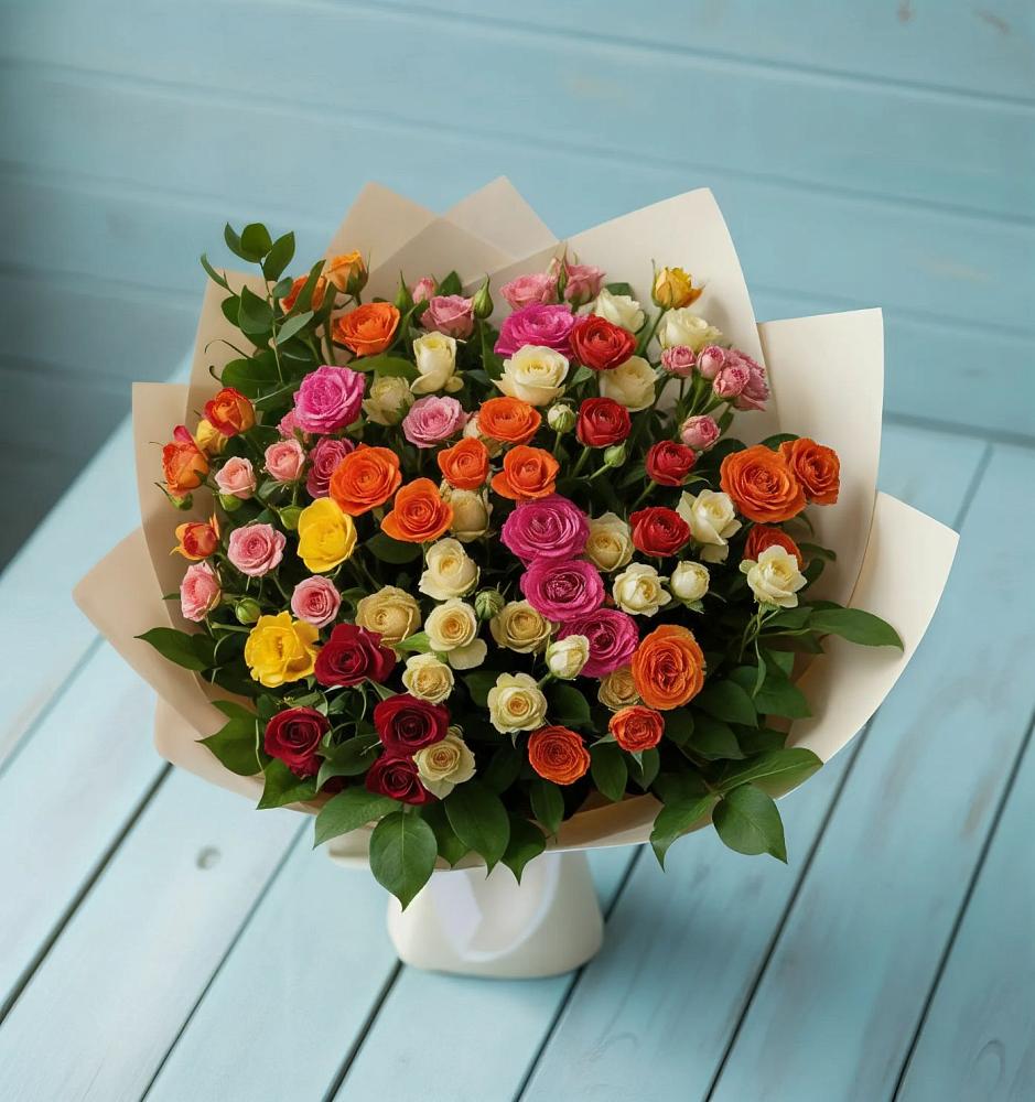 Букет Микс из разноцветных кустовых роз в Тлюстенхабль