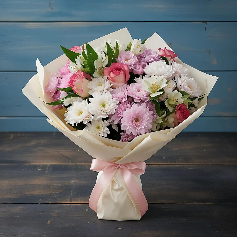 Букет цветов из: Хризантемы, Альстромерии и Розы в Тлюстенхабль